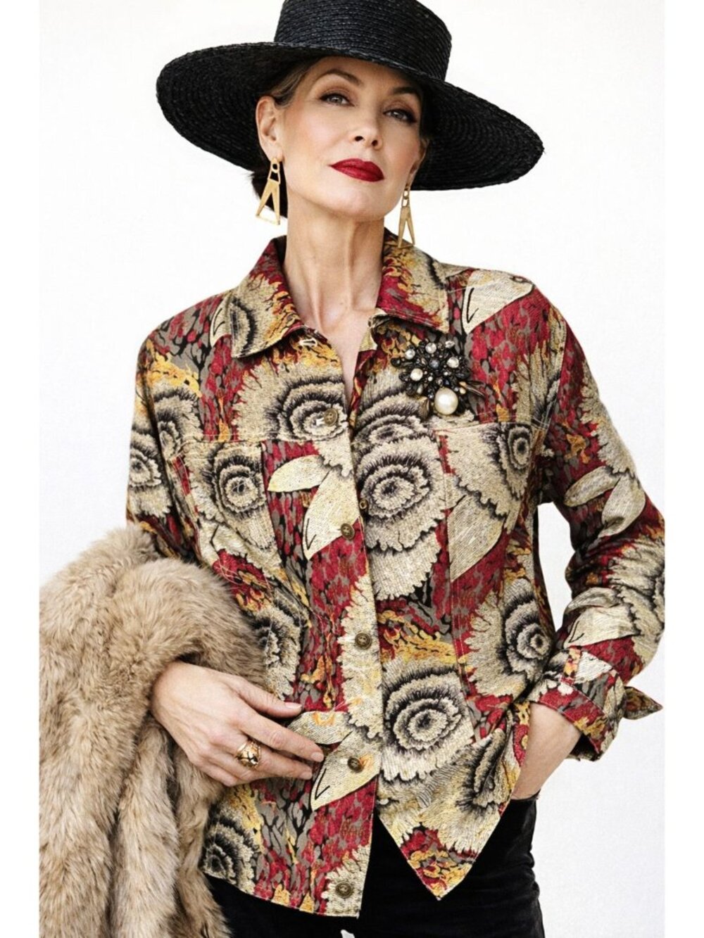 Sunflower Print Design Jacket Blazer Womens 8-10 Silk Blend Red Black Boho Artsy